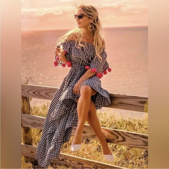 Sundress Alena Gingham Pom Pom Off Shoulder High Low Dress - Picture 2 of 14